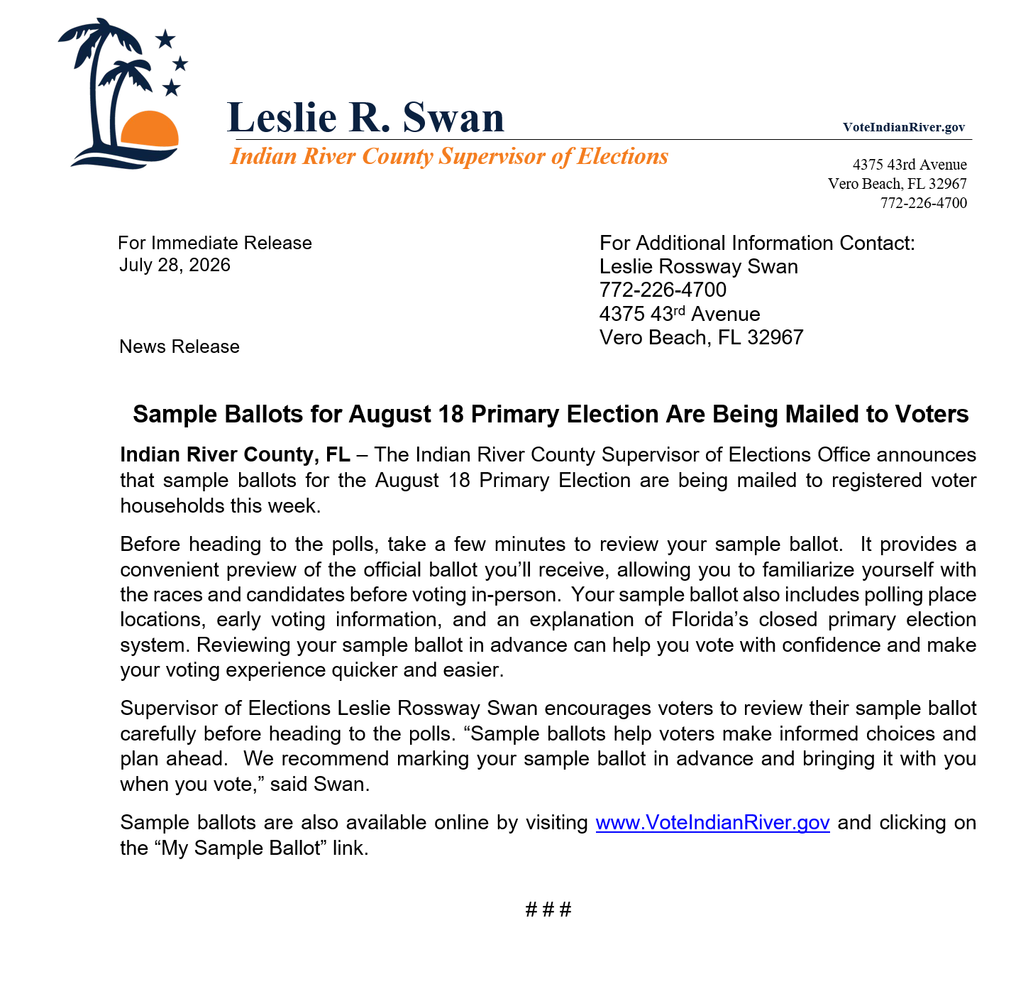 Screenshot of July 28, 2026 press release regarding sample ballots being mailed